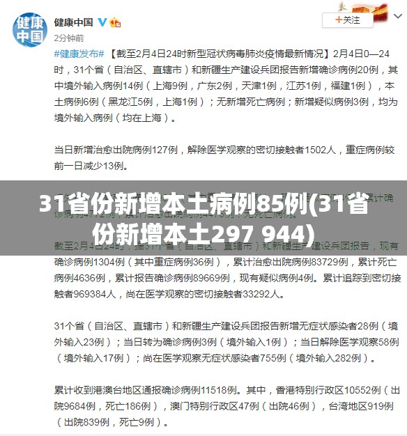 31省份新增本土病例85例(31省份新增本土297 944)